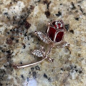Rose Gold and Red Crystal Floral Brooch
